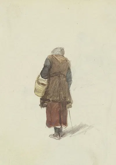 Altes Frau, einen Korb am Arm und einen Stock in der Hand von hinten gesehen by Якоб Фюрхтегот Дильман — digital art print…