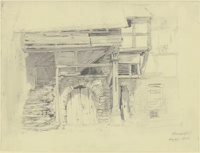 Altes Haus, Kellertor unter einer Treppe, die in einen Holzbau mit einer Säule führt by Якоб Фюрхтегот Дильман, 1840 —…
