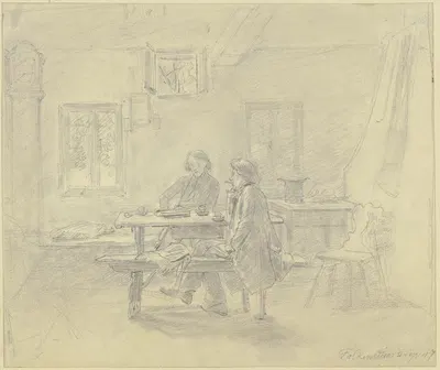 Bauernstube, zwei Maler beim Kaffee, der eine raucht eine Pfeife, der andere eine Zigarre by Якоб Фюрхтегот Дильман, 1847 —…