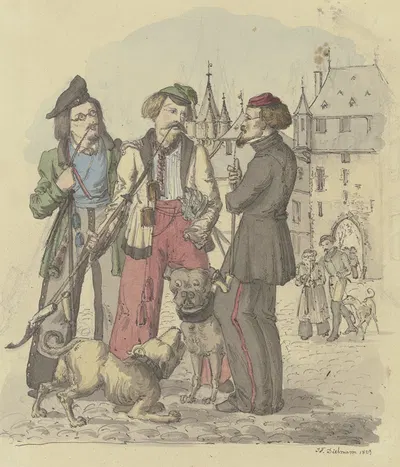 Drei rauchende Studenten mit zwei Hunden by Якоб Фюрхтегот Дильман, 1829 — digital art print download
