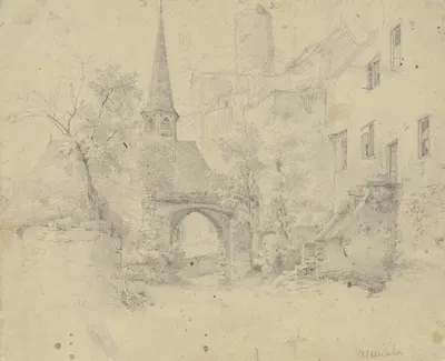 Ein altes Tor, dahinter eine Kirche, rechts ein Haus mit hoher Treppe, darüber ein altes Schloss by Якоб Фюрхтегот Дильман…