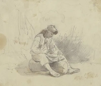Ein Bauer sitzt auf einem Stück Holz und dengelt seine Sense by Якоб Фюрхтегот Дильман, 1842 — digital art print download