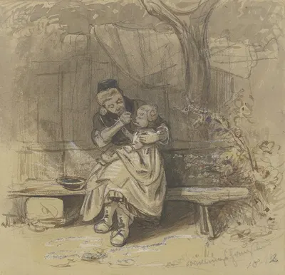 Frau, im Freien ein kleines Kind fütternd by Якоб Фюрхтегот Дильман, 1842 — digital art print download