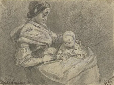 Junge Frau, auf dem Schoß ein kleines Kind haltend by Якоб Фюрхтегот Дильман, 1839 — digital art print download