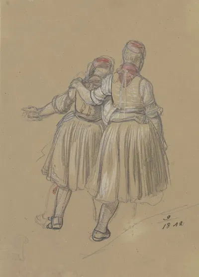 Rückenansicht zweier nebeneinander gehender Mädchen in hessischer Tracht by Якоб Фюрхтегот Дильман, 1842 — digital art…