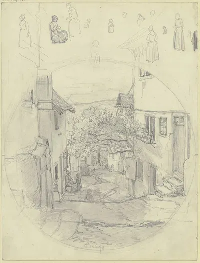 Studienblatt; Ansicht einer Straße in Kronberg, oben verschiedene Figurenstudien by Якоб Фюрхтегот Дильман — digital art…