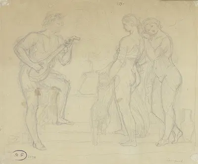 Am Brunnen spielt ein Jüngling zwei Mädchen und einem Kind auf der Laute vor. by Gustav Kaupert — digital art print download