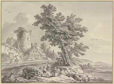 Flusslandschaft, links ein Bauernhaus an dem Turm einer Stadtmauer, in der Bildmitte rasten vier Personen an einem Baum by…