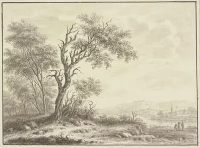 Группа деревьев на берегу реки, на заднем плане деревня by Иоганн Каспар Цендер — digital art print download