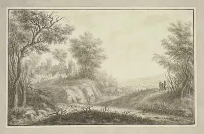 Лесная дорога, слева вид на руины замка, справа вдали городок by Иоганн Каспар Цендер — digital art print download