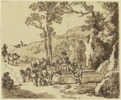 Hirtenszene an einem Brunnen, Schafe und Maulesel nähern sich der Tränke, an der eine Reiterin ihr Pferd tränkt by Johann…