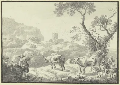 Landschaft mit einer Burgruine, zwei Hirten führen ihre Viehherde von rechts herbei by Иоганн Кристиан Кленгель — digital…