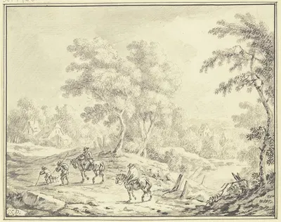 Bewaldete hügelige Landschaft, in der Mitte eine Baumgruppe, hinter der Häuser liegen, im Vordergrund ein Mann und eine…