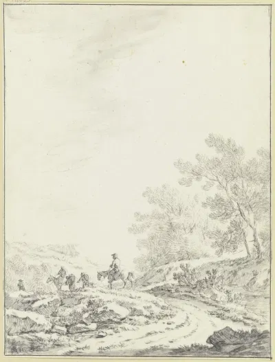 Breiter Weg mit Ausblick in eine offene Landschaft, rechts Buschwerk, links auf dem Weg zwei Reiter und drei Fußgänger by…