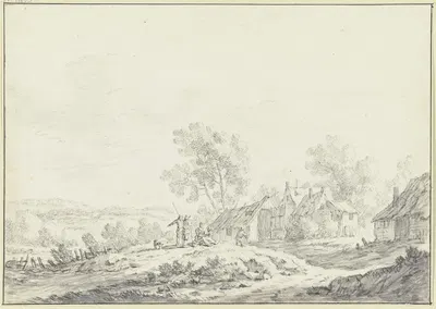 Häuser eines Dorfes in einer hügeligen Landschaft, von links führt ein Weg mit einer Gruppe von Personen über eine Anhöhe…
