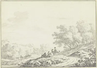 Hügelige bewaldete Landschaft, im Vordergrund neben einem Weg eine Gruppe von ruhenden Landleuten mit einem Reiter und…