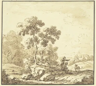 Waldrand, rechts Ausblick auf ein Dorf, am Weg ein stehender und ein sitzender Mann mit einem Hund by Иоганн Кристоф Дицш —…