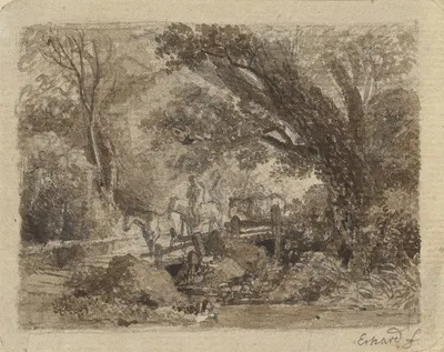 Waldpartie mit einer Brücke, über die drei Pferde und ein Reiter gehen by Иоганн Кристоф Эрхард — digital art print download