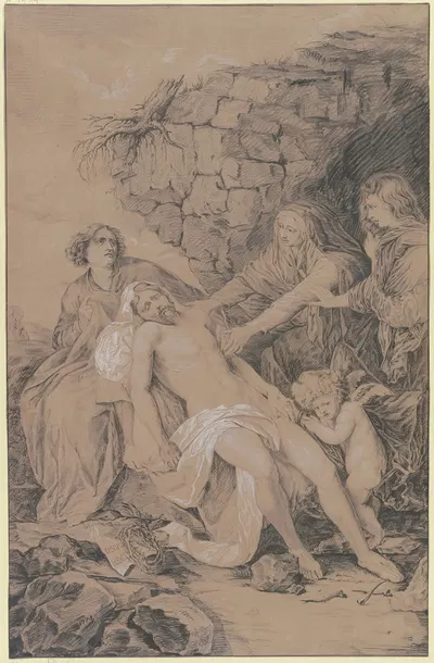 Beweinung Christi mit Maria, Johannes, Maria Magdalena und einem Engel by Иоганн Эрдманн Готлиб Престель, 1774 — digital…