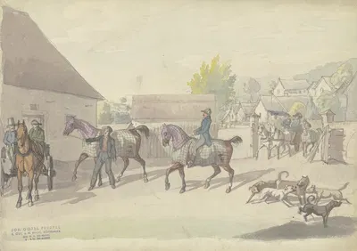 Gutshof mit Reitpferden und Fahrzeugen by Иоганн Эрдманн Готлиб Престель — digital art print download