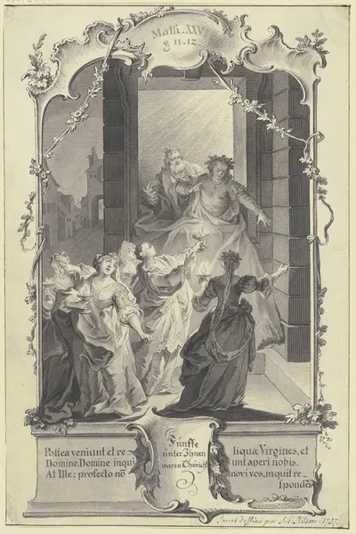 Der Bräutigam und die fünf törichten Jungfrauen by Иоганн Эсайас Нильсон, 1757 — digital art print download