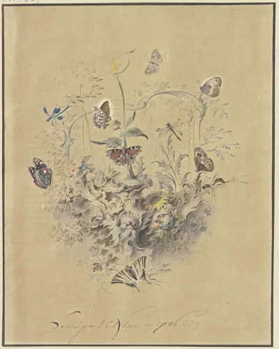 Rocaille-Ornament mit einer Kalla und anderen Blumen, Schmetterlingen wie Perlmutterfalter, Pfauenauge und Segelfalter…
