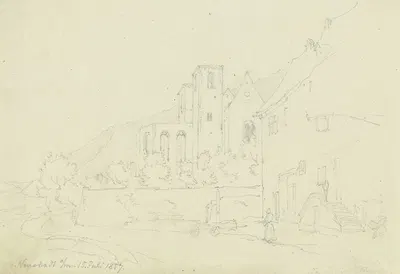 Neustadt am Main mit der Ruine der ehemaligen Benediktinerabteikirche nach dem Brand im selben Jahr by Иоганн Фридрих Хофф,…