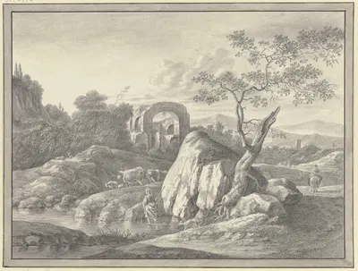 Ruinenlandschaft bei einem großen Felsen by Иоганн Фридрих Морганштерн — digital art print download