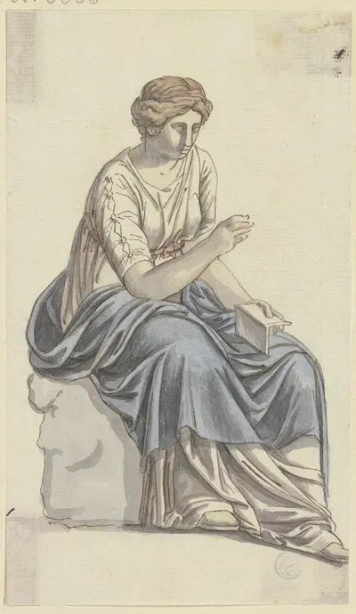 Die Muse der Geschichte; Sitzende Frau mit einem Buch in der Linken by Johann Georg Schütz — digital art print download