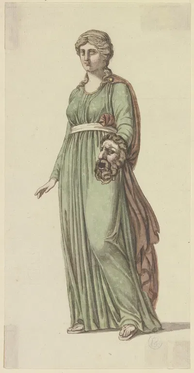 Die tragische Muse; Stehende Frau, eine Maske in der Linken by Johann Georg Schütz — digital art print download