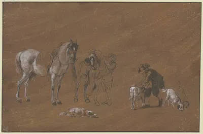 Knecht mit zwei Pferden und ein Knabe mit Hunden by Иоганн Георг Вагнер — digital art print download