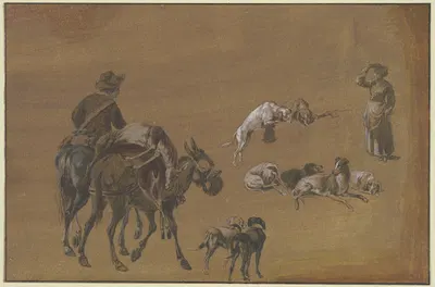 Studienblatt; Ein Reiter mit einem bepackten Maultier, rechts eine stehende Frau, dazwischen Gruppen von Hunden by Иоганн…