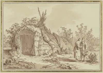 Old couple in front of straw hut by Иоганн Георг Вилле, 1763 — digital art print download