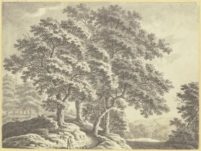 Hügelige Waldlandschaft mit einem Wanderer im Vordergrund by Иоганн Генрих Блёлер, 1782 — digital art print download