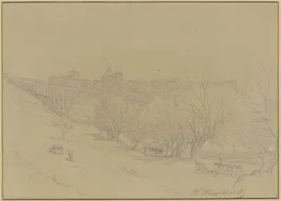 Ponte zwischen Ariccia und Albano mit Palazzo Chigi by Иоганн Генрих Хассельхорст — digital art print download