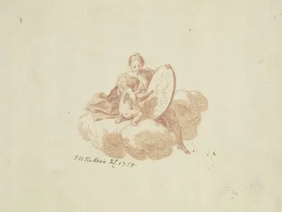 Titelblatt; Frauengestalt auf einer Wolke mit einem malenden Amor by Иоганн Генрих Тишбейн старший, 1754 — digital art…