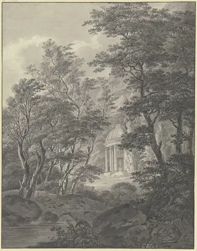 Blick durch die Bäume eines Parks auf ein klassizistisches Tempelchen by Johann Heinrich Troll — digital art print download