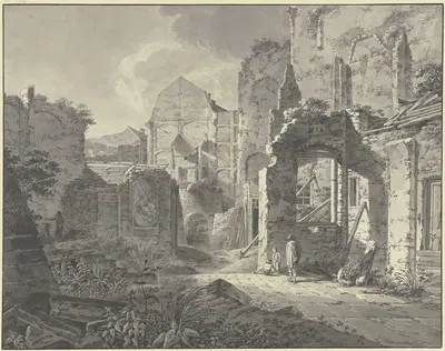 Großes verfallenes Gebäude, rechts ein Mann mit zwei Kindern, links ein Maler by Johann Heinrich Troll — digital art print…