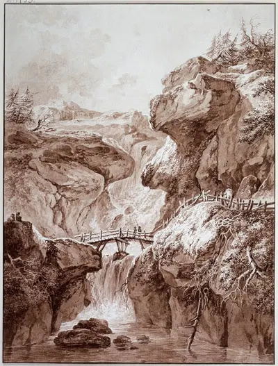 Wasserfall in einer Felsenschlucht by Johann Heinrich Wüest — digital art print download