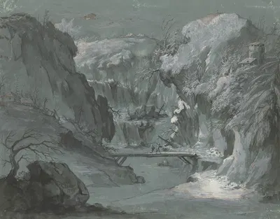 Tiefe Gebirgsschlucht mit einem Wasserfall, in der Mitte ein Steg, über den zwei Personen gehen by Johann Jakob Dorner the…