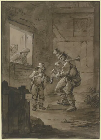Vor einem Haus stehen ein Dudelsackpfeifer und ein flötender Knabe by Johann Jakob Dorner the Elder, 1773 — digital art…