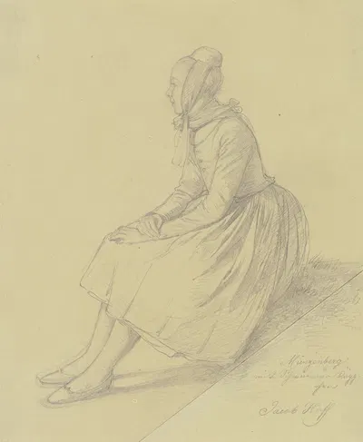 Hessisches Bauernmädchen, ganze Figur sitzend, Profil nach links by Johann Jakob Hoff — digital art print download