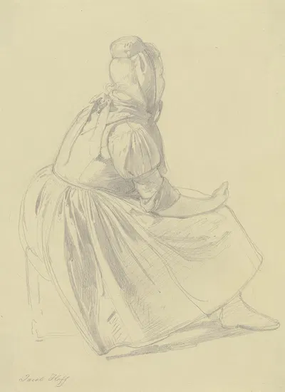Hessisches Bauernmädchen, ganze Figur sitzend, Rückenansicht by Johann Jakob Hoff — digital art print download