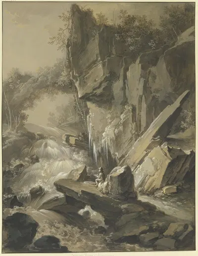 Wasserfall, im Vordergrund ein Maler by Johann Jakob Schillinger — digital art print download
