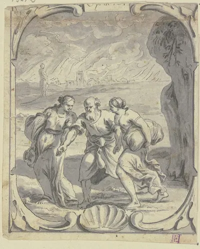Lot flieht mit seinen Töchtern aus Sodom by Johann Jakob von Sandrart — digital art print download