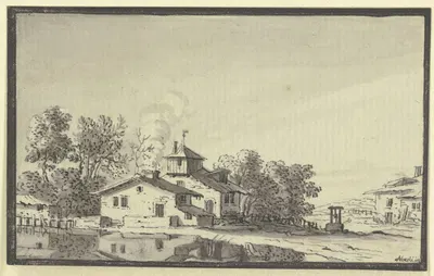 Bauernhof, von Bäumen umgeben, am Ufer eines Teiches by Иоганн Людвиг Аберли, 1744 — digital art print download
