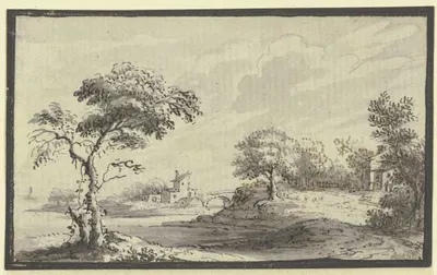 Hügelige Landschaft mit Fluß, Bäumen und Häusern by Иоганн Людвиг Аберли, 1744 — digital art print download