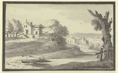 Landschaft mit Häusern auf einem Hügel am Wasser by Иоганн Людвиг Аберли, 1744 — digital art print download