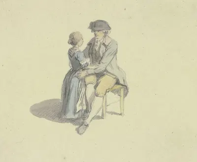 Ein Mann auf einem Stuhl sitzend in Unterhaltung mit einem Mädchen by Иоганн Людвиг Аберли — digital art print download