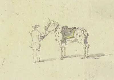 Ein Mann in Rückenansicht hält ein geflecktes Pferd am Zügel by Иоганн Людвиг Аберли — digital art print download